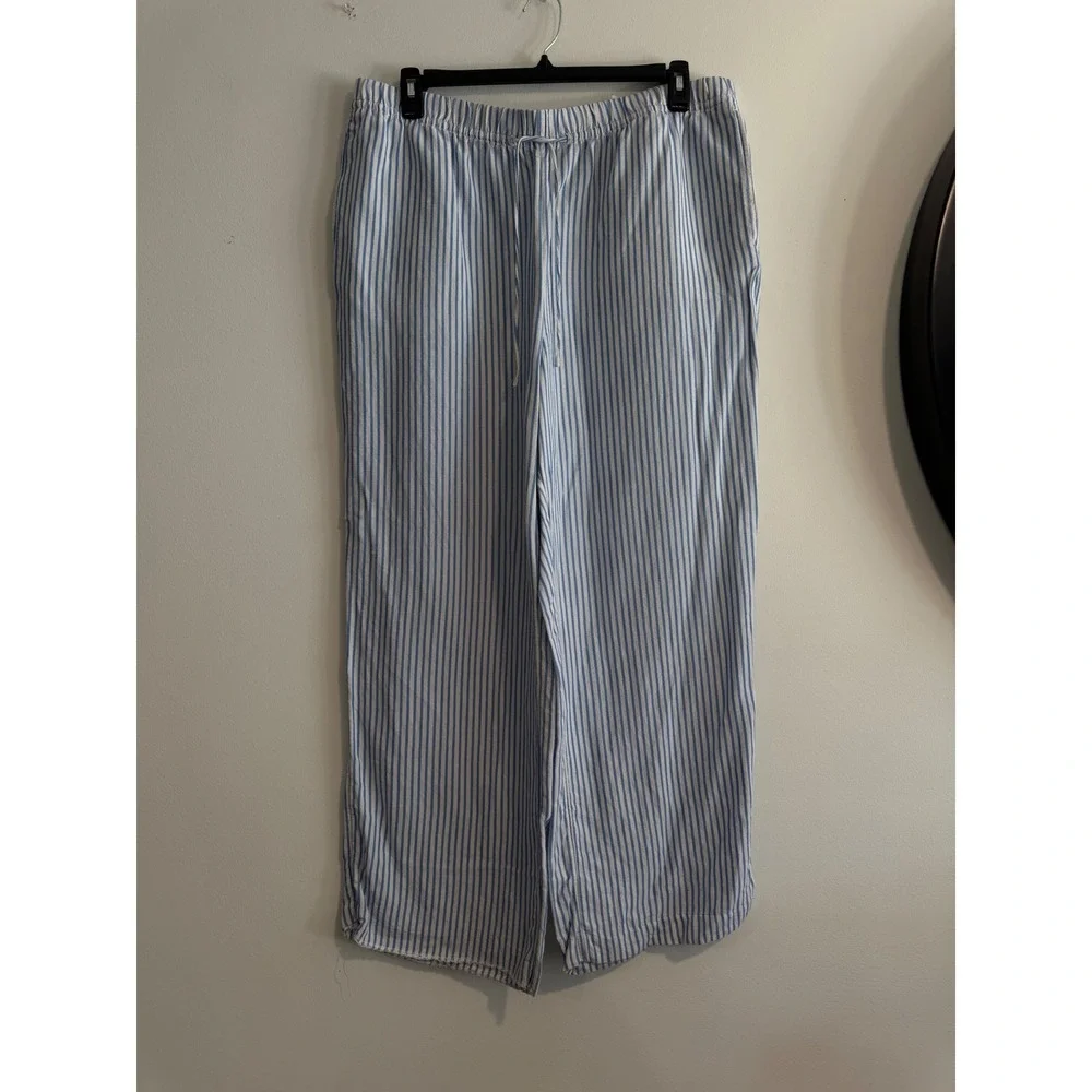 H&M Linen Blend Striped Wide Leg Pants Womens XL Blue White Drawstring Coastal